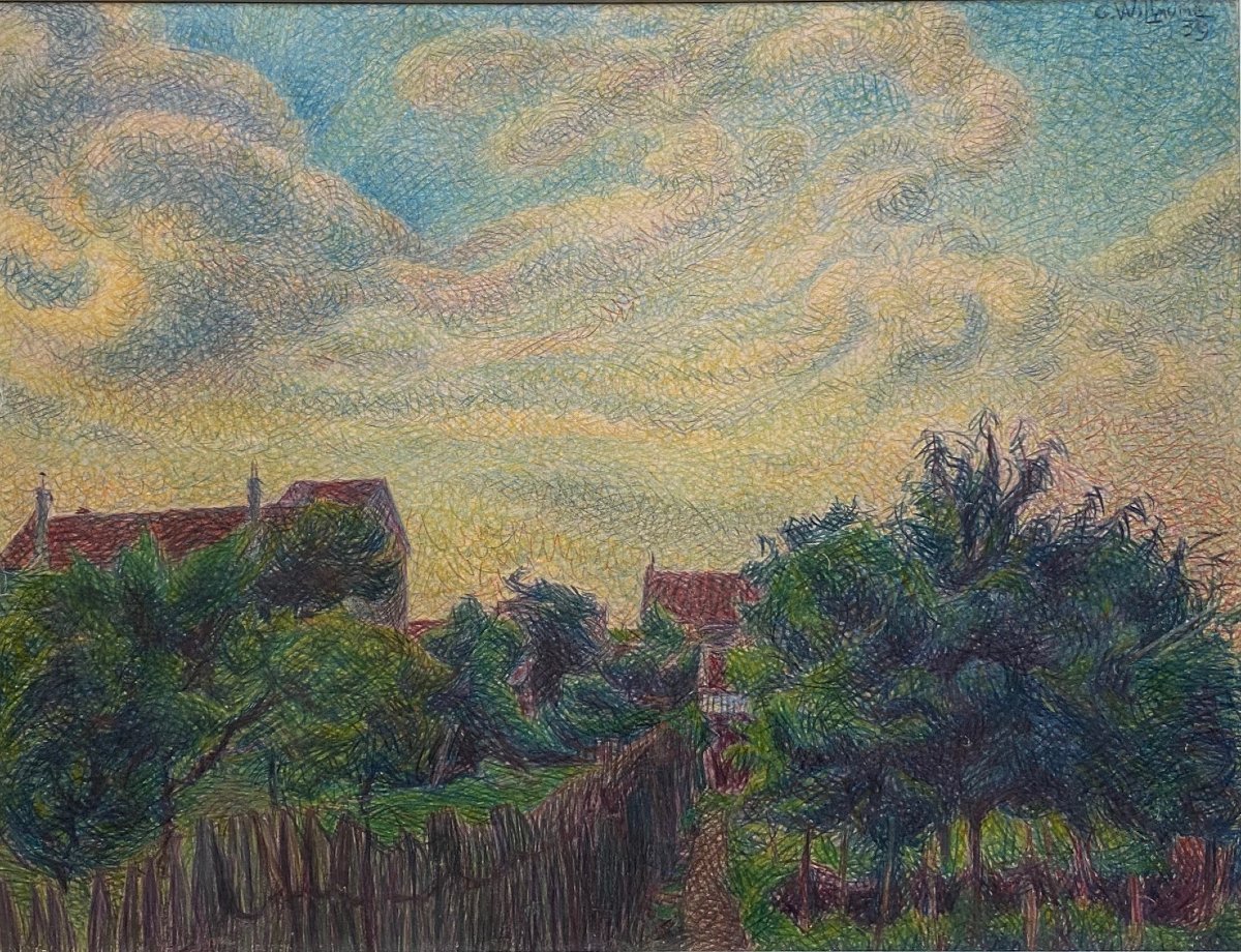 Georges Willaume (1876-1962) Un jardin à la campagne Trait-isme Pointillisme 1939