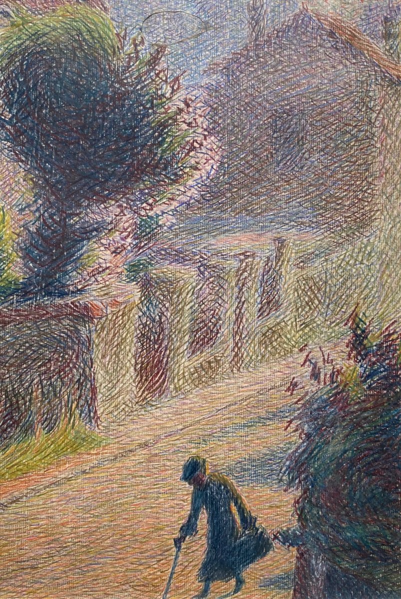 Georges Willaume (1876-1962) Une rue à la campagne Trait-isme Pointillisme 1941-photo-2