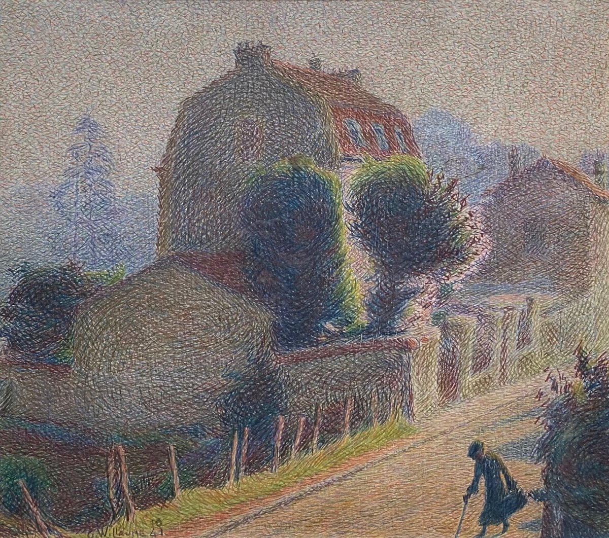 Georges Willaume (1876-1962) Une rue à la campagne Trait-isme Pointillisme 1941