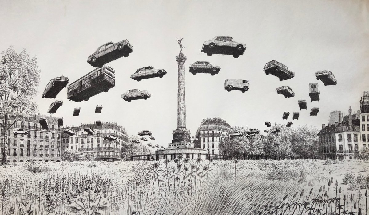 Dominique Appia (1926) Surrealism 1975 Place De La Bastille Flying Cars-photo-2