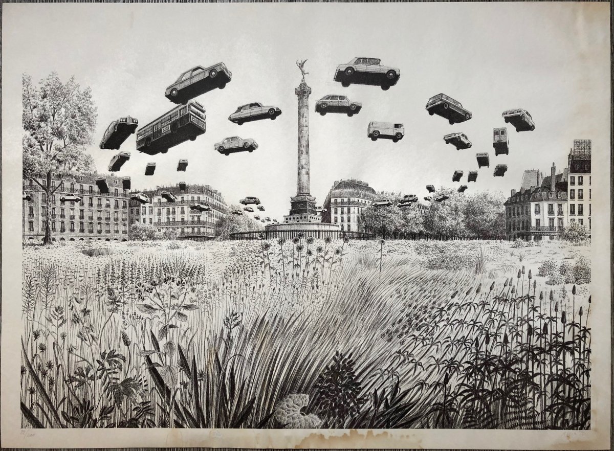 Dominique APPIA (1926) Surréalisme 1975 Place de la Bastille Voitures volantes