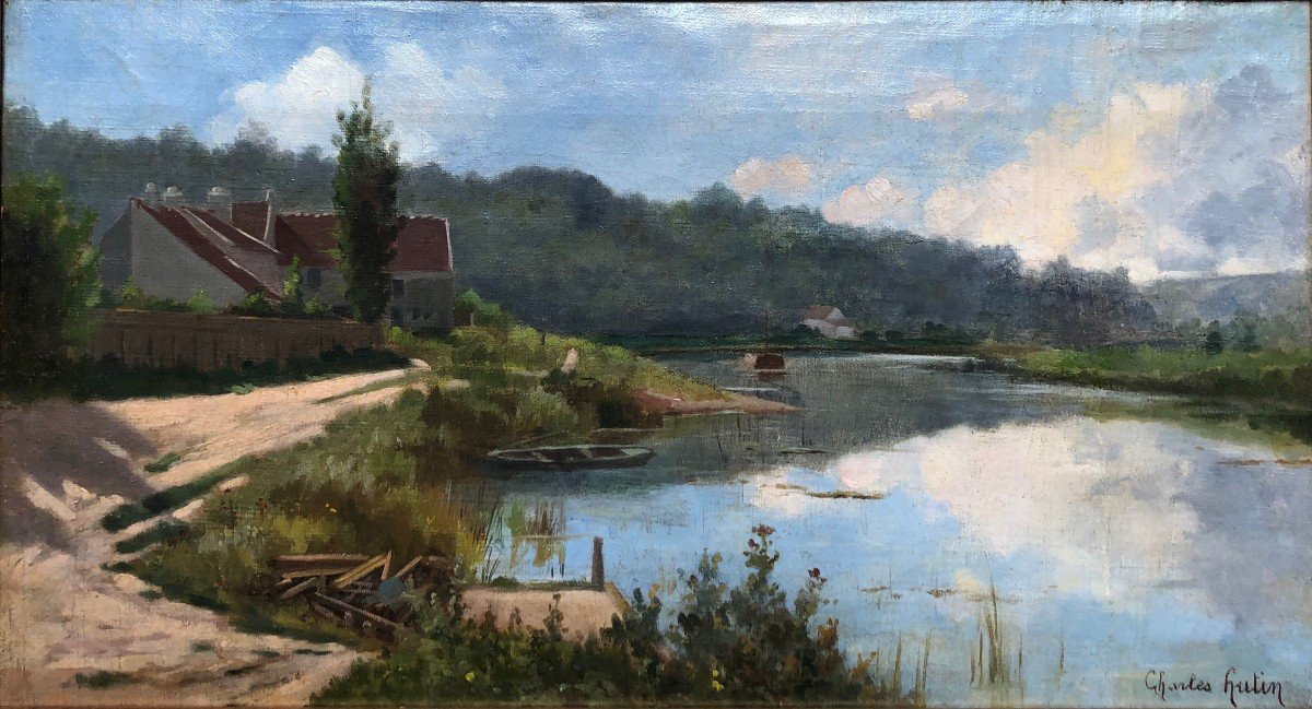 Charles HUTIN 1847-1898 Bord de rivière à identifier