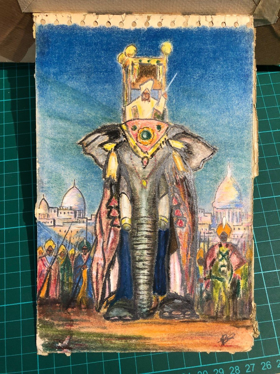 Maharaja Inde éléphant Dessin Portant Monogramme à Identifier Art Deco -photo-3