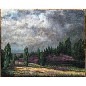 Hed. Brandes École Allemande Paysage aux peupliers et bruyères début XXème