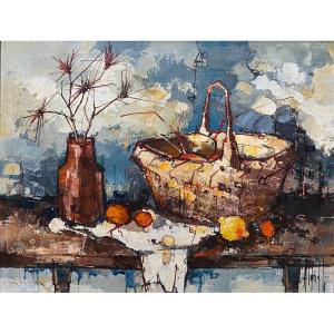 Signé à identifier era Bernard Buffet nature morte au panier 1950