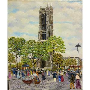 Michel Hermel (1934) Square And Saint Jacques Tower Paris Animated Naïve Art