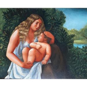 Art Deco Mother And Child Painting, Signed But Unidentified, 1929