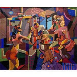 Jozef POPCZYK (1890-1971) Les deux modèles et le peintre dans l'atelier Cubisme
