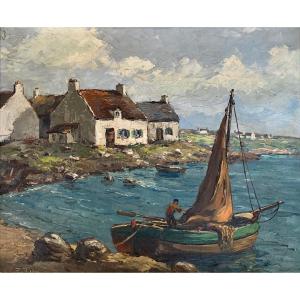 François CARBU 1896-1961 Retour de pêche Audierne Bretagne