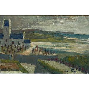 Joë LE FUR (1920-2001) Église face à la mer à identifier Benodet ? Bretagne