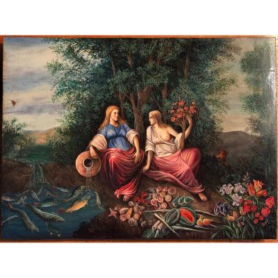 École Pré-Raphaélite source miraculeuse huile sur panneau parqueté XIXè anonyme