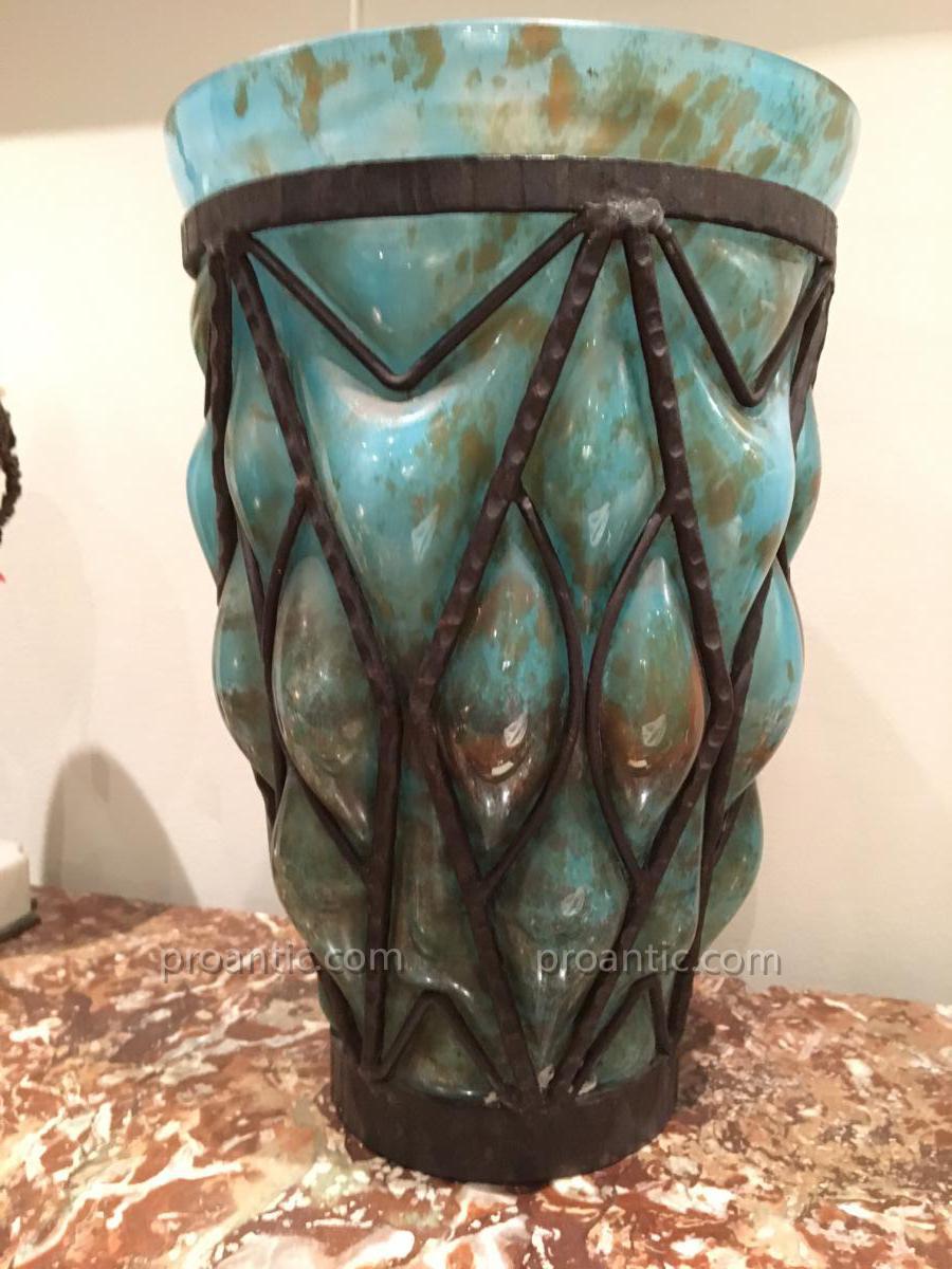 Large Glassware Marbled Vase And Forged Iron Circa 1930