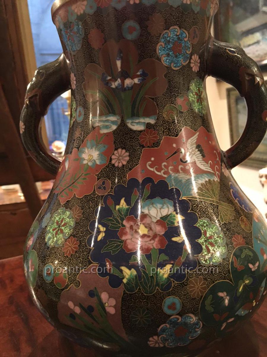 Cloisonne Bronze Enamelled Vase With 2 Handles -19th Century