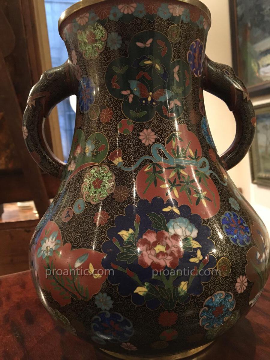 Cloisonne Bronze Enamelled Vase With 2 Handles -19th Century-photo-2