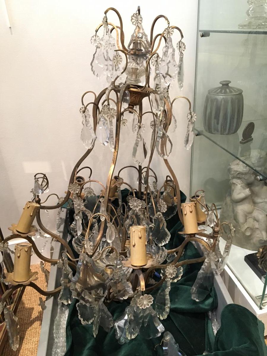 Lustre Cage A Pampilles En Bronze Fin XIXeme