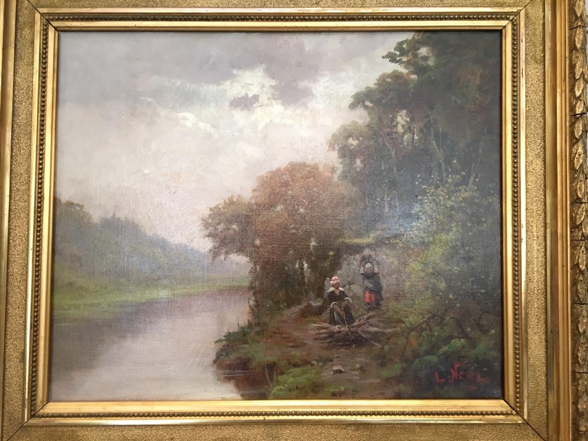 Oil On Canvas Landscape With 2 Women Signed Noel