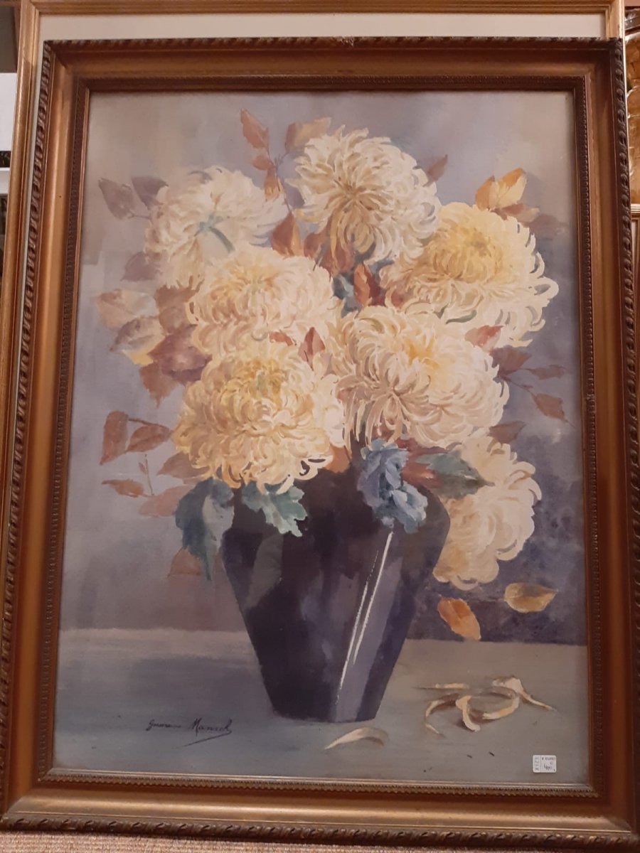 Aquarelle "Chrysanthèmes" signée en bas et à gauche Germaine Manach 