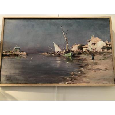 HUILE SUR TOILE "LES MARTIGUES"  SIGNEE EN BAS ET A GAUCHE TOLON 