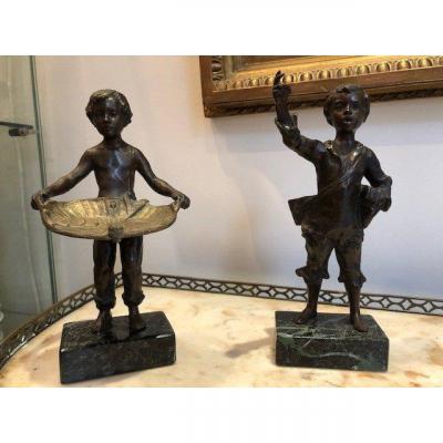 Pair Of Bronzes "boy Selling Bread And Shoe Shine Boy "