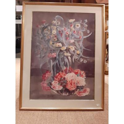 Watercolor "bouquet Of Flowers" Signed Bottom Left Germaine Manach   