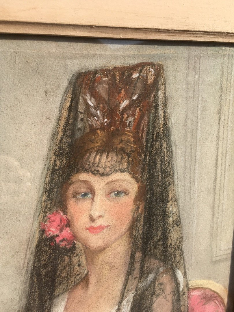 Pastel On Canvas Of A Spanish Woman In Mantilla By Anne Faure. France Mid 20th Century.-photo-4