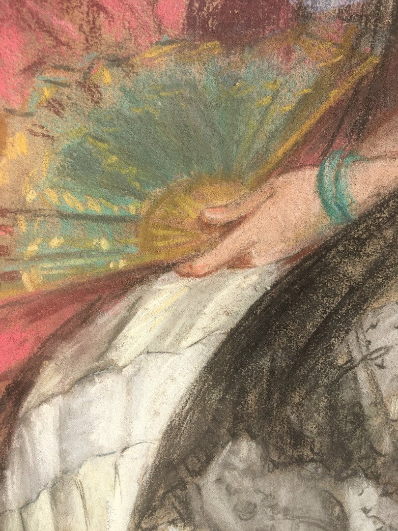 Pastel On Canvas Of A Spanish Woman In Mantilla By Anne Faure. France Mid 20th Century.-photo-1