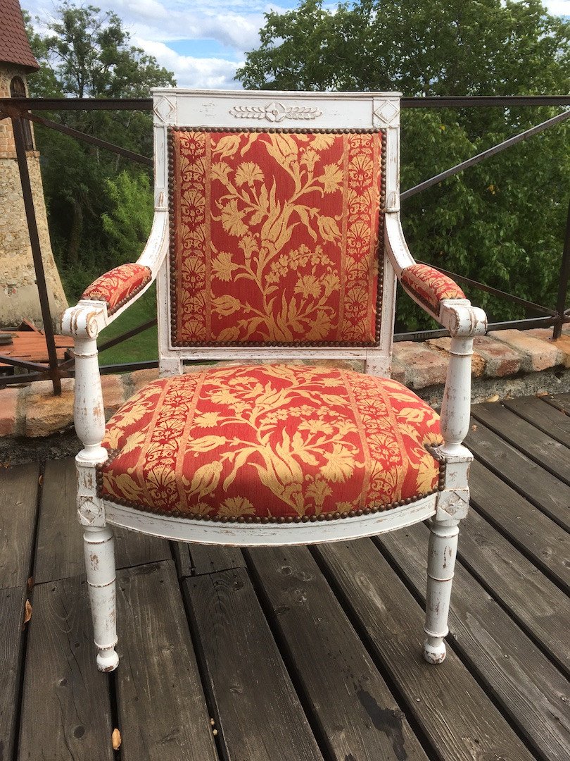 Pair Of Armchairs With Directoire Lacquered Beech Upholstery. France Late 18th Century.-photo-3