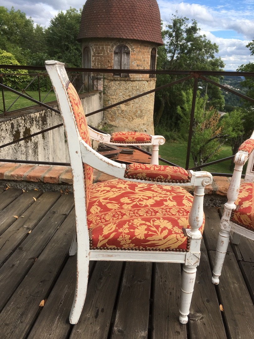 Pair Of Armchairs With Directoire Lacquered Beech Upholstery. France Late 18th Century.-photo-4