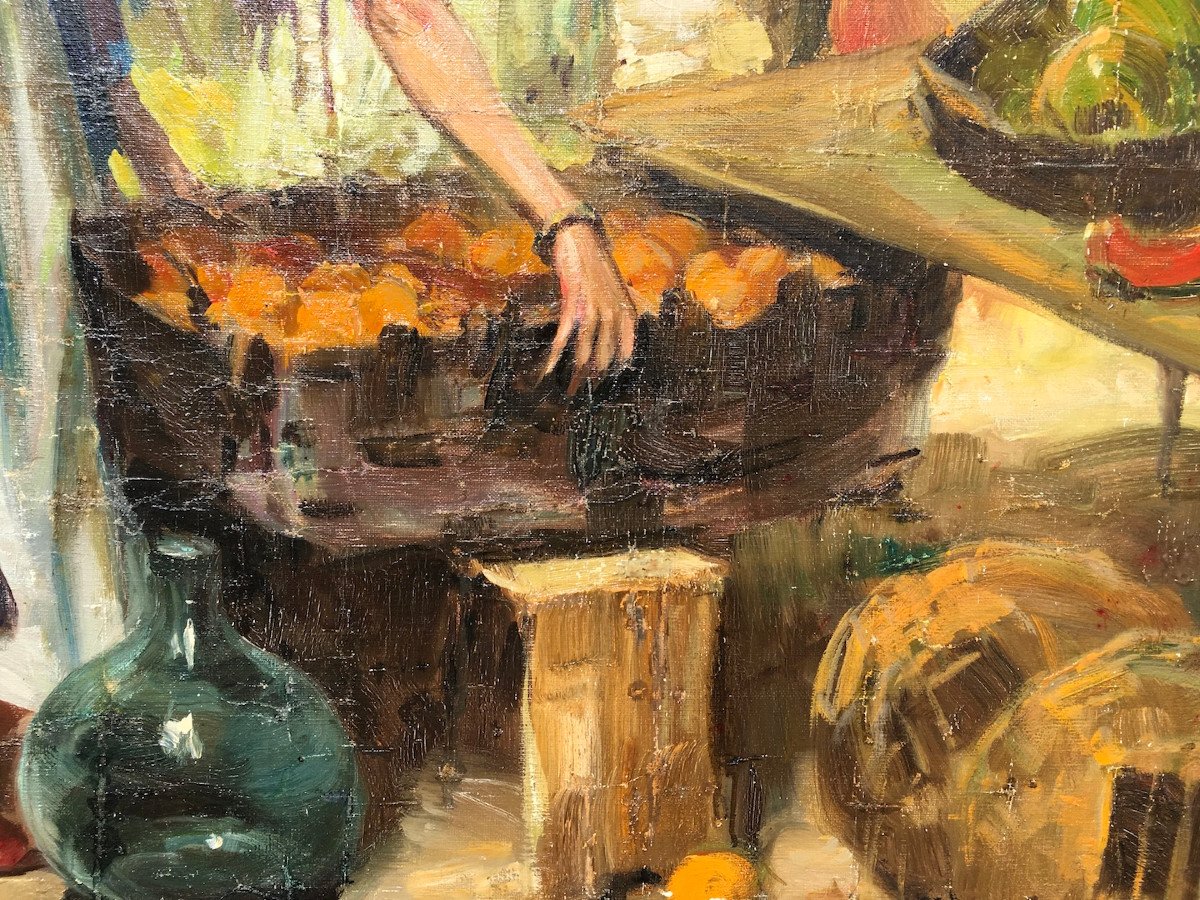 Oil On Canvas. Saleya Market In Nice By Richard Durando Togo. Mid 20th Century.-photo-1