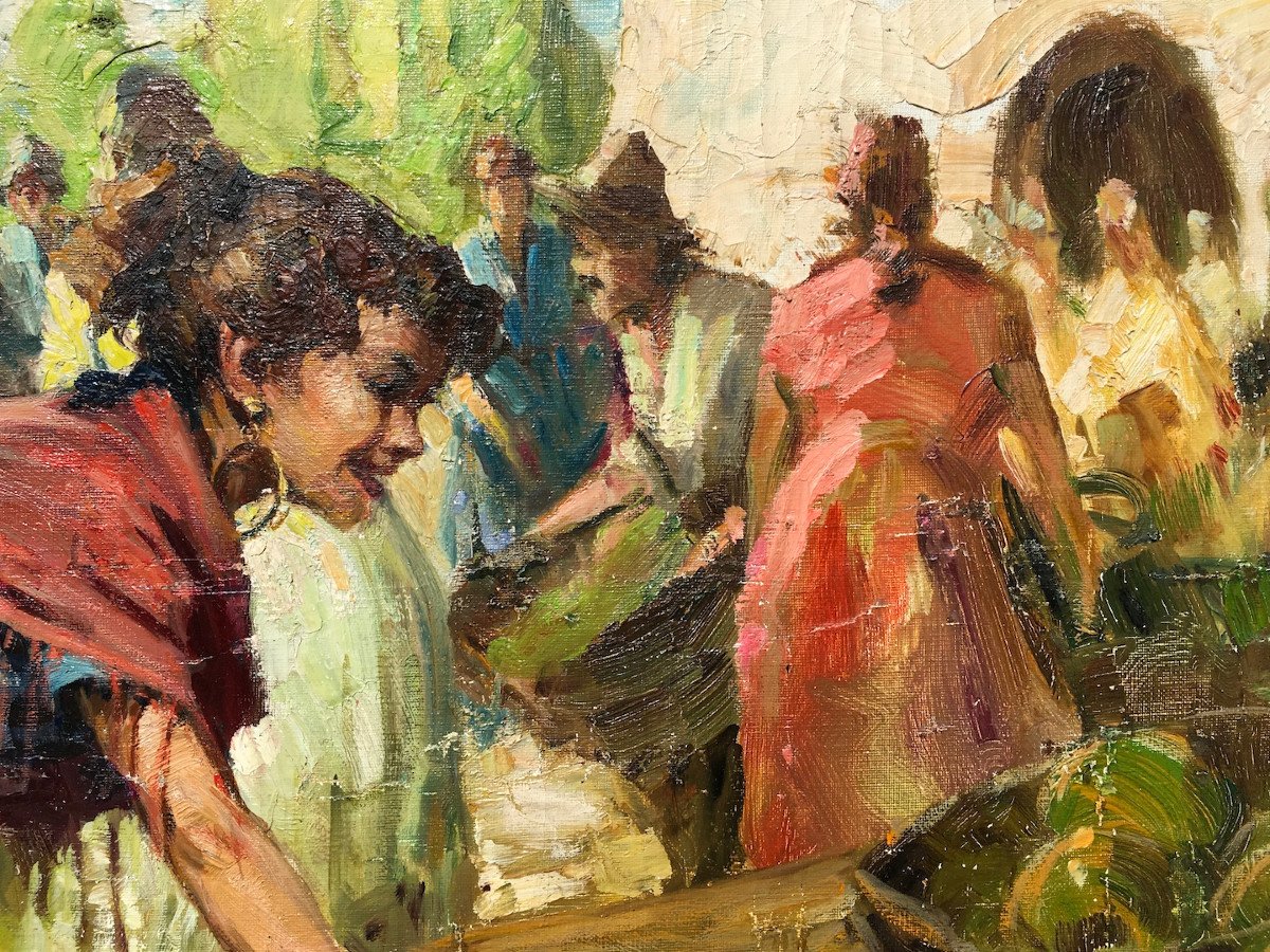 Oil On Canvas. Saleya Market In Nice By Richard Durando Togo. Mid 20th Century.-photo-2