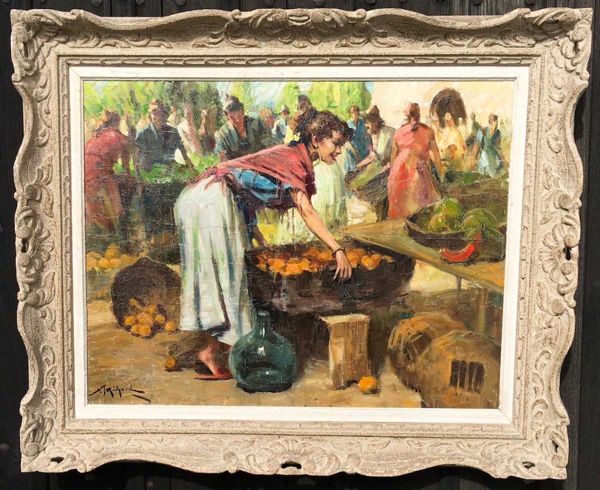 Oil On Canvas. Saleya Market In Nice By Richard Durando Togo. Mid 20th Century.