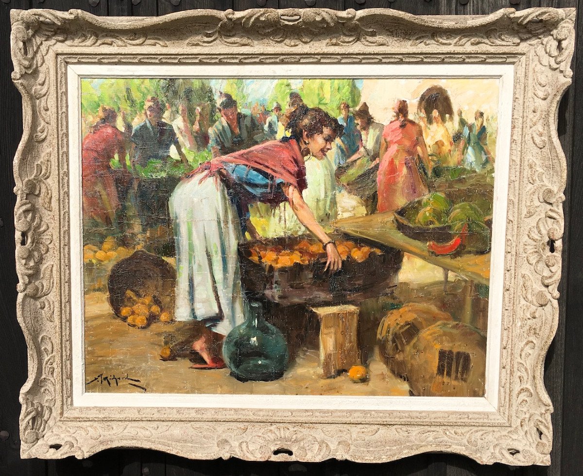 Huile Sur Toile. Marché De Saleya à Nice Par Richard Durando Togo. Milieu XXe Siècle.