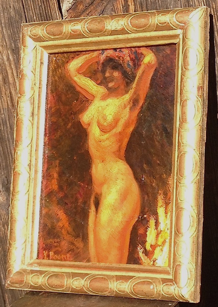 Oil On Panel. Orientalist Nude. School Of Algiers, By Y. Pouget. Mid 20th Century.-photo-3