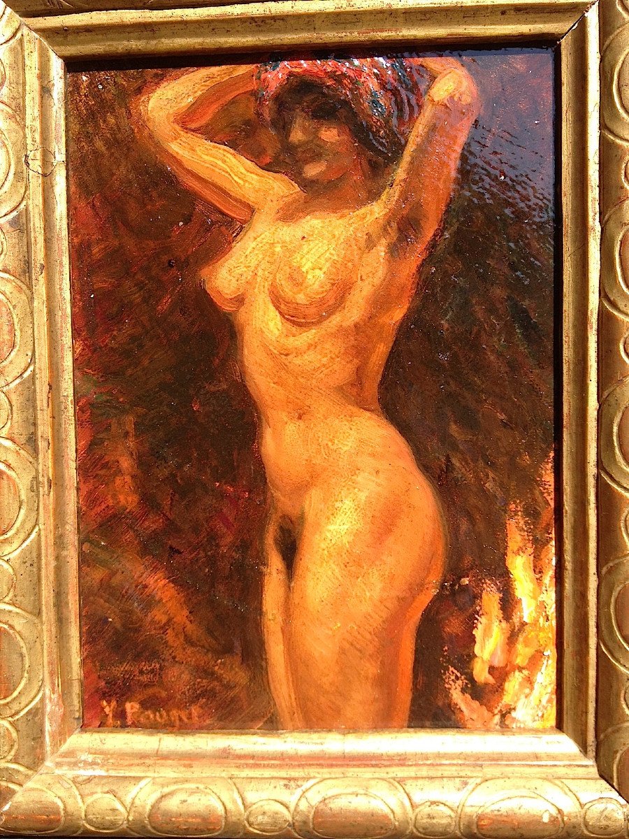 Oil On Panel. Orientalist Nude. School Of Algiers, By Y. Pouget. Mid 20th Century.-photo-2