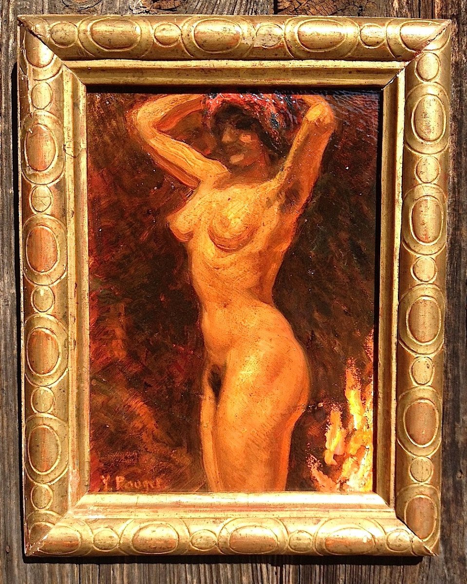 Oil On Panel. Orientalist Nude. School Of Algiers, By Y. Pouget. Mid 20th Century.