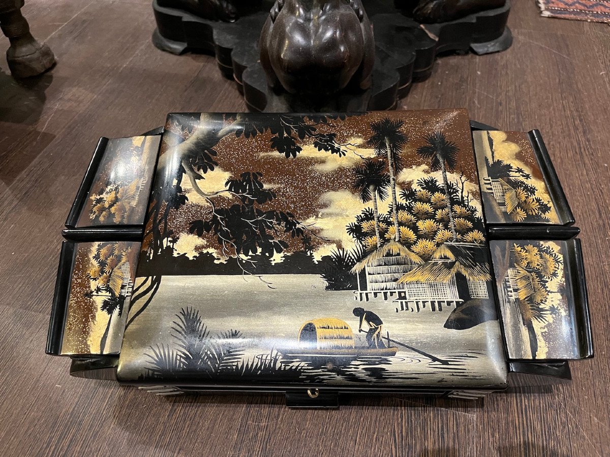 Coffret Boite Coiffeuse En Bois Laqué Polychrome Et Or. Indochine, Vietnam Milieu XXe.-photo-1