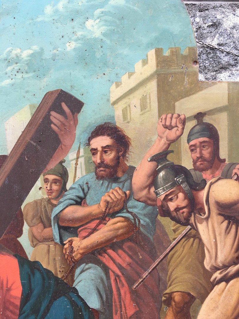 Pair Of Paintings On Sheet Metal, Scenes From The Life Of Jesus Christ By Ch. Termos. Late 19th Century. -photo-5