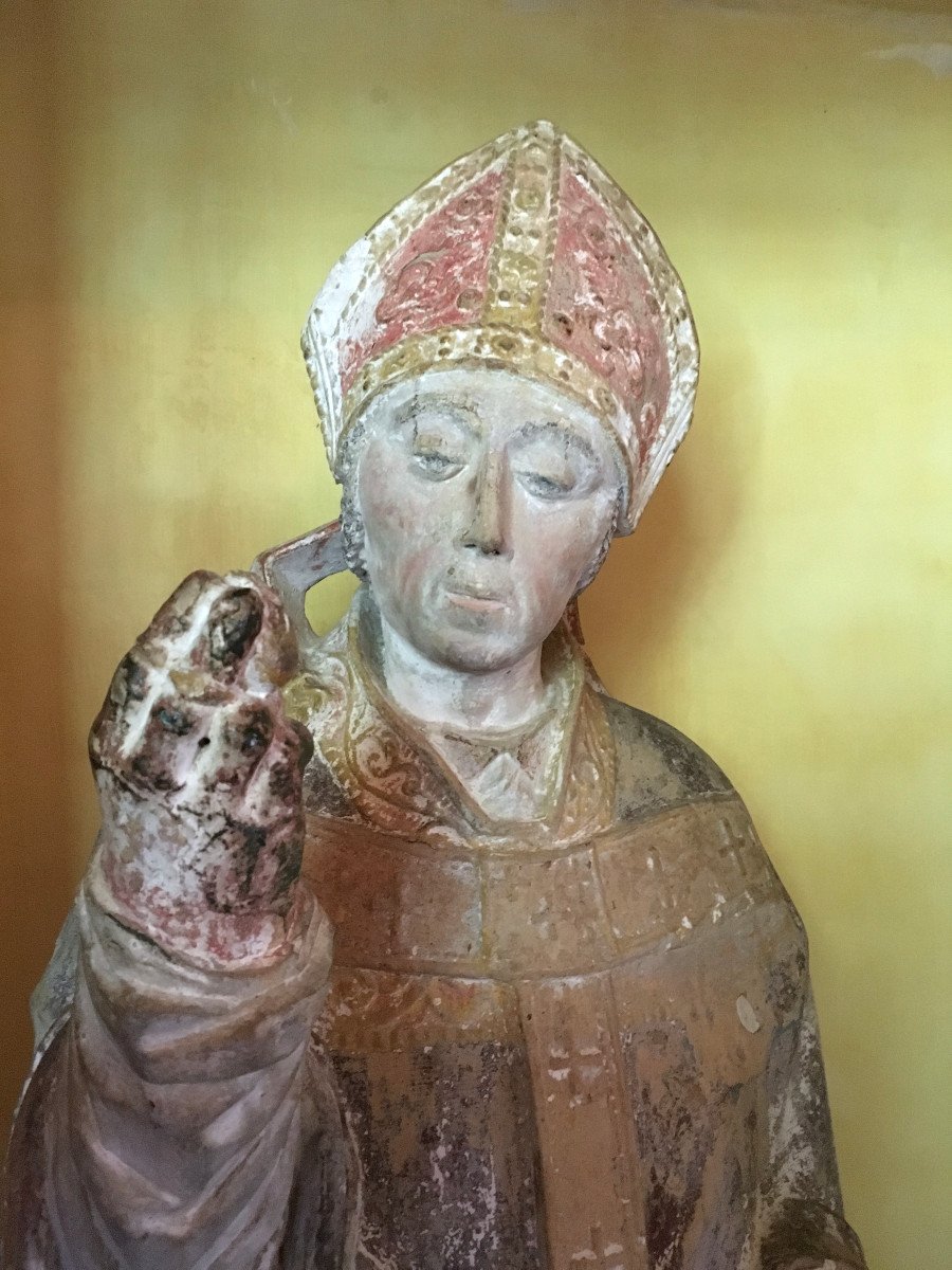 Statue De Saint Remi En Pierre Du Bourbonais Polychrome. France Fin XIIIe - Début XIVe. -photo-2