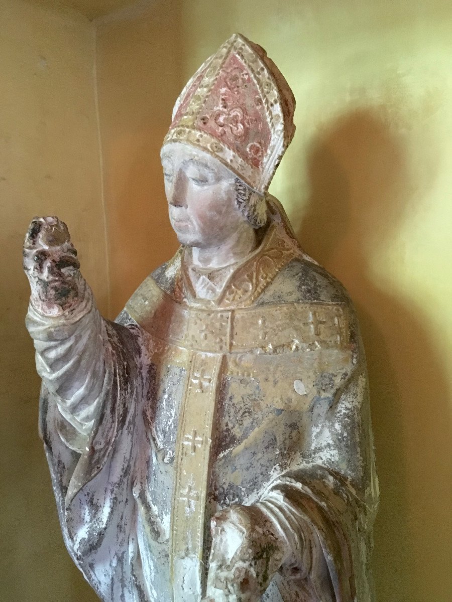 Statue De Saint Remi En Pierre Du Bourbonais Polychrome. France Fin XIIIe - Début XIVe. -photo-3