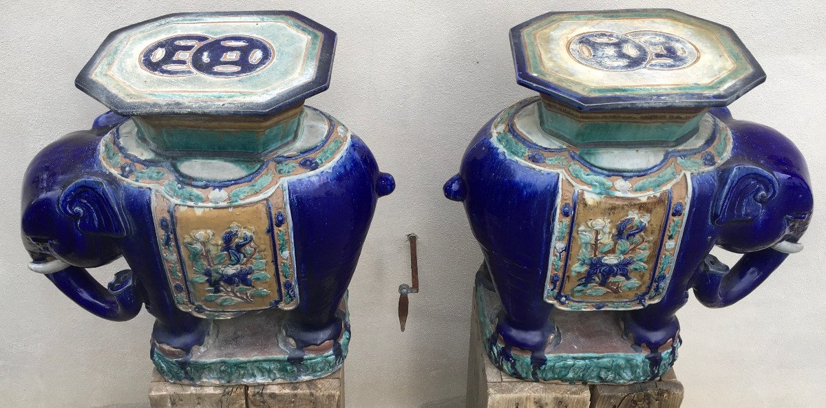 Pair Of Ceramic Elephant Stools Cai Mai Ou Biên Hoà. Vietnam Indochina 19th - 20th Century-photo-1