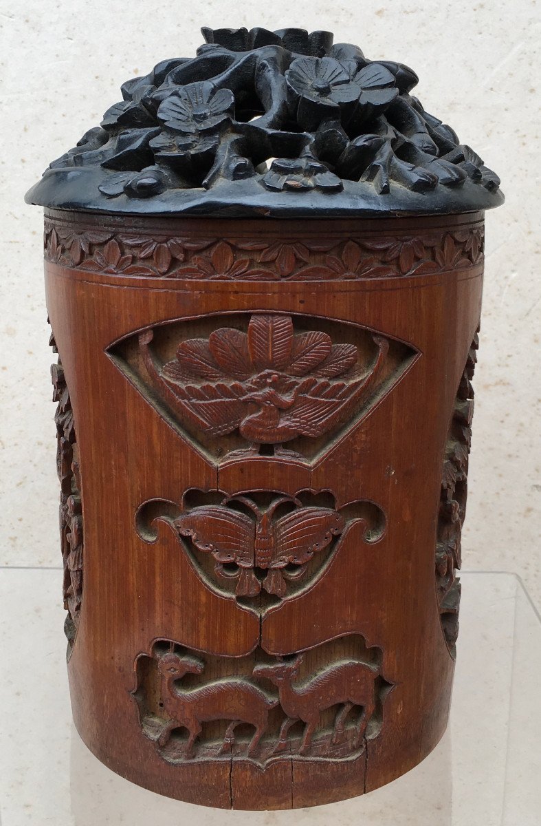 Bitong Bamboo Brush Pot Carved With Openwork Zitan Wood Lid. China Qing Dynasty-photo-3
