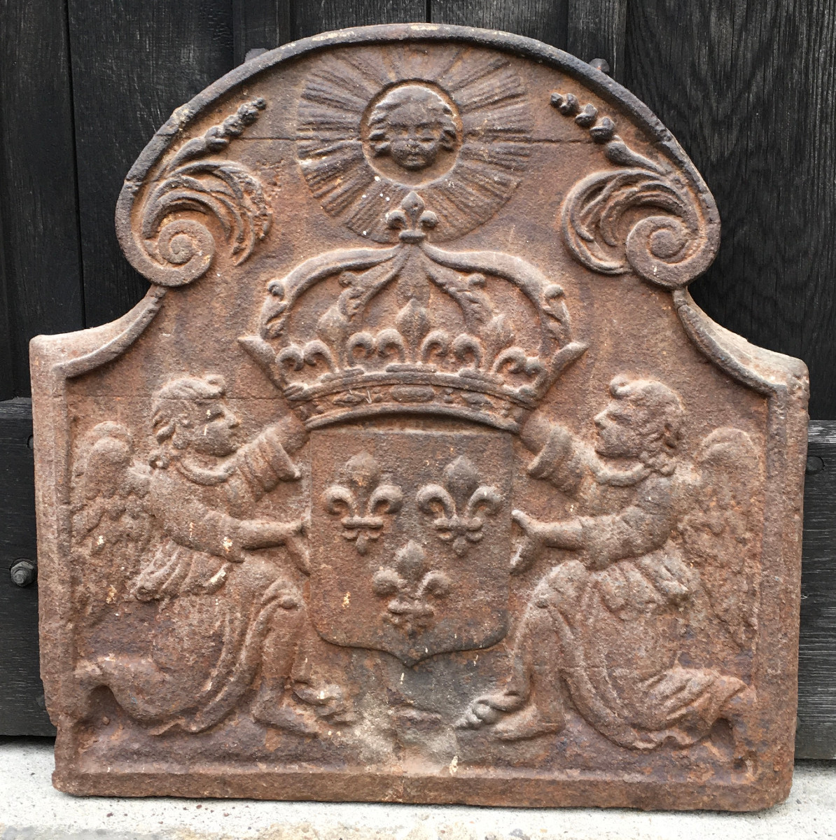 Small Cast Iron Fireback With The Bourbon Coat Of Arms. France, 18th Century.