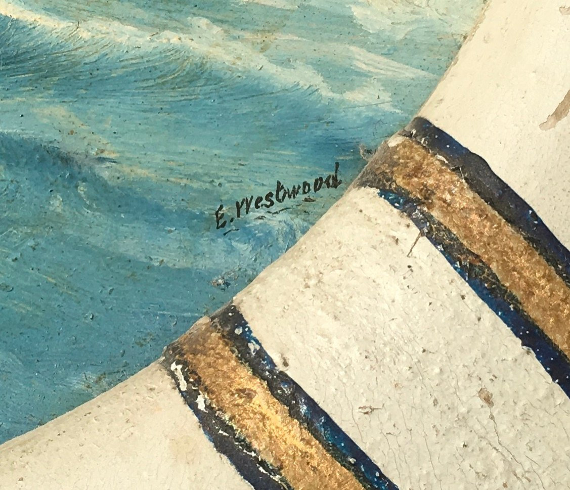 Ancienne peinture de marine, cuirassé Pyranus. Cadre en forme de bouée. Angleterre, début XXe. -photo-3