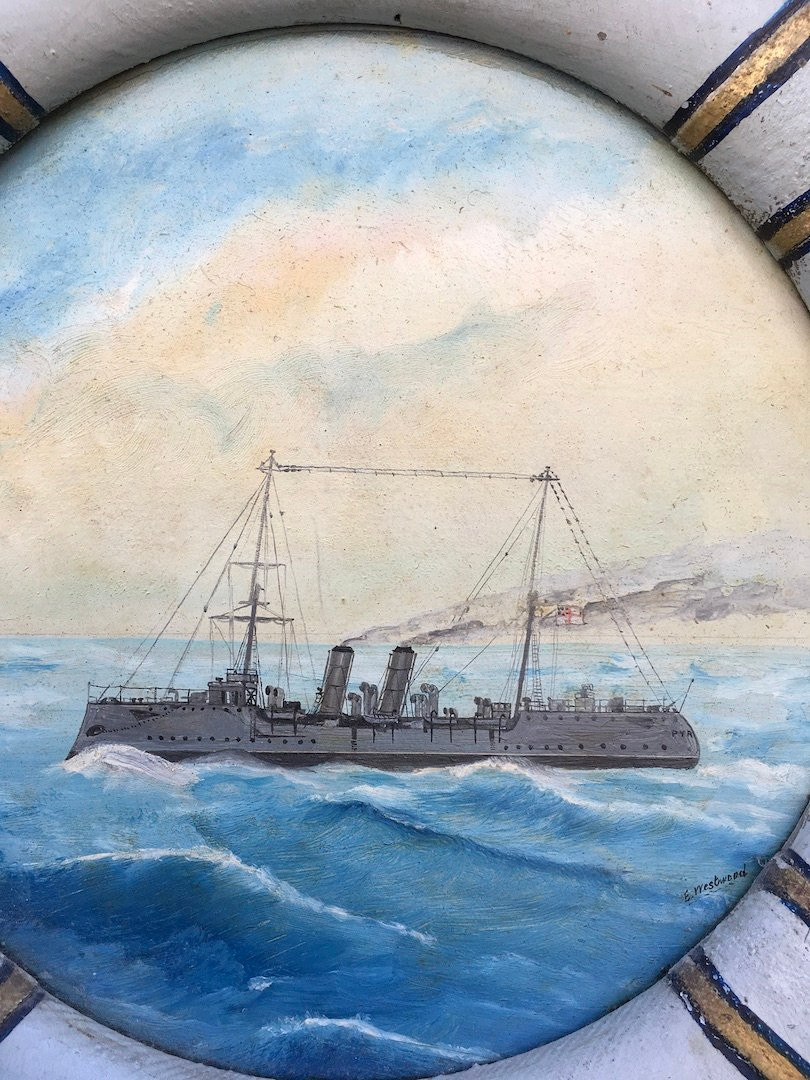 Ancienne peinture de marine, cuirassé Pyranus. Cadre en forme de bouée. Angleterre, début XXe. -photo-6