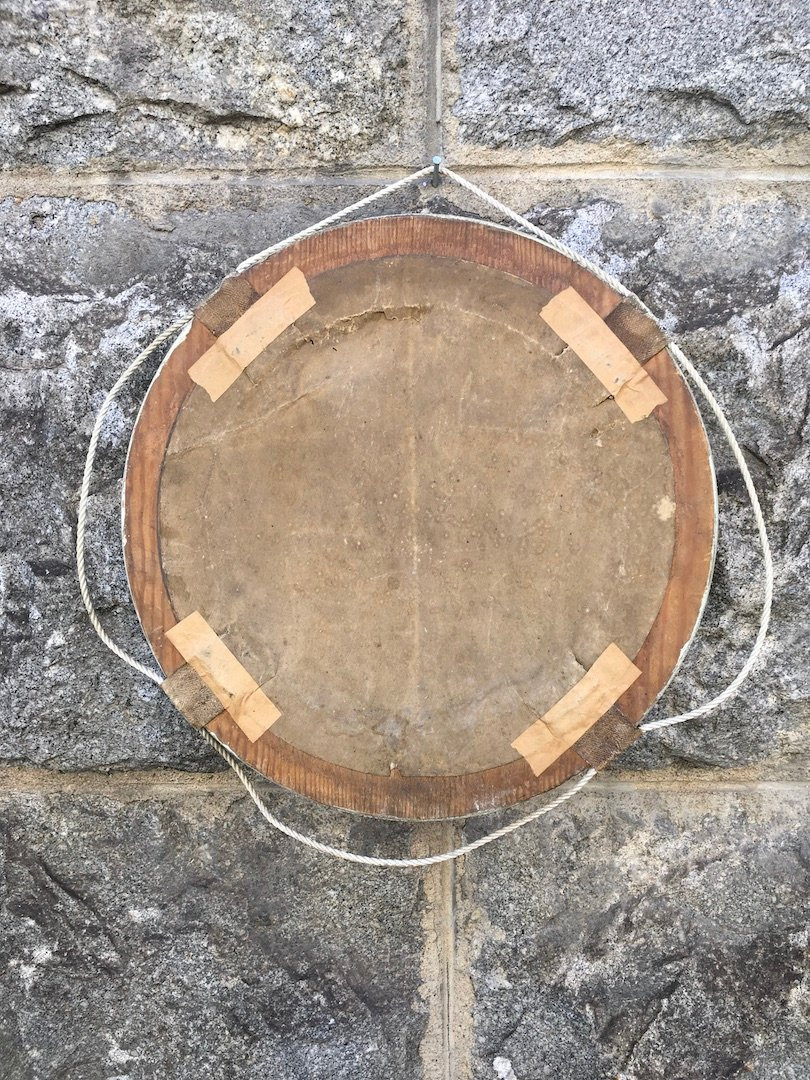 Ancienne peinture de marine, cuirassé Pyranus. Cadre en forme de bouée. Angleterre, début XXe. -photo-7