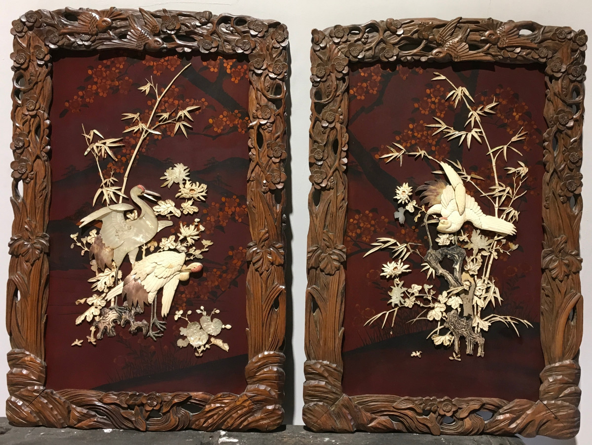 Pair Of Lacquered Panels, Mother-of-pearl Bone Inlays, Far East, Asia, China, Japan, 19th - 20th Century
