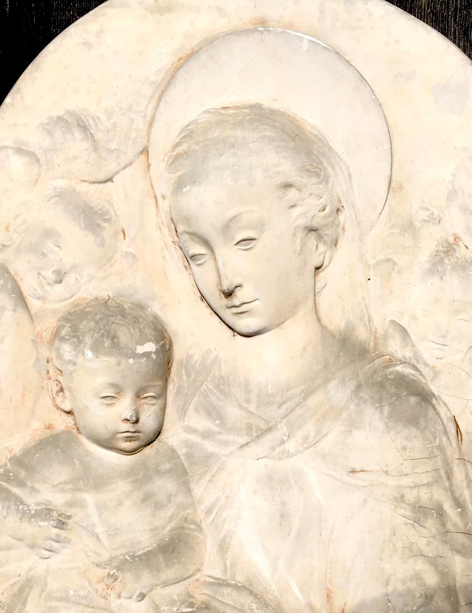 Stucco Bas Relief, Virgin And Child In The Italian Style Of Andrea Della Robbia. Late 19th Century -photo-2