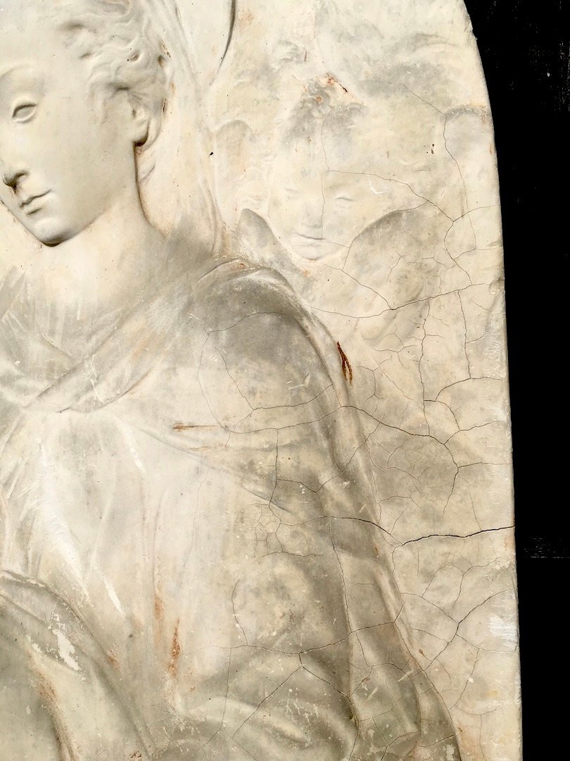 Stucco Bas Relief, Virgin And Child In The Italian Style Of Andrea Della Robbia. Late 19th Century -photo-3