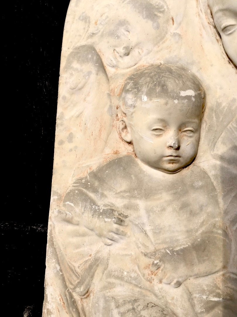 Stucco Bas Relief, Virgin And Child In The Italian Style Of Andrea Della Robbia. Late 19th Century -photo-4