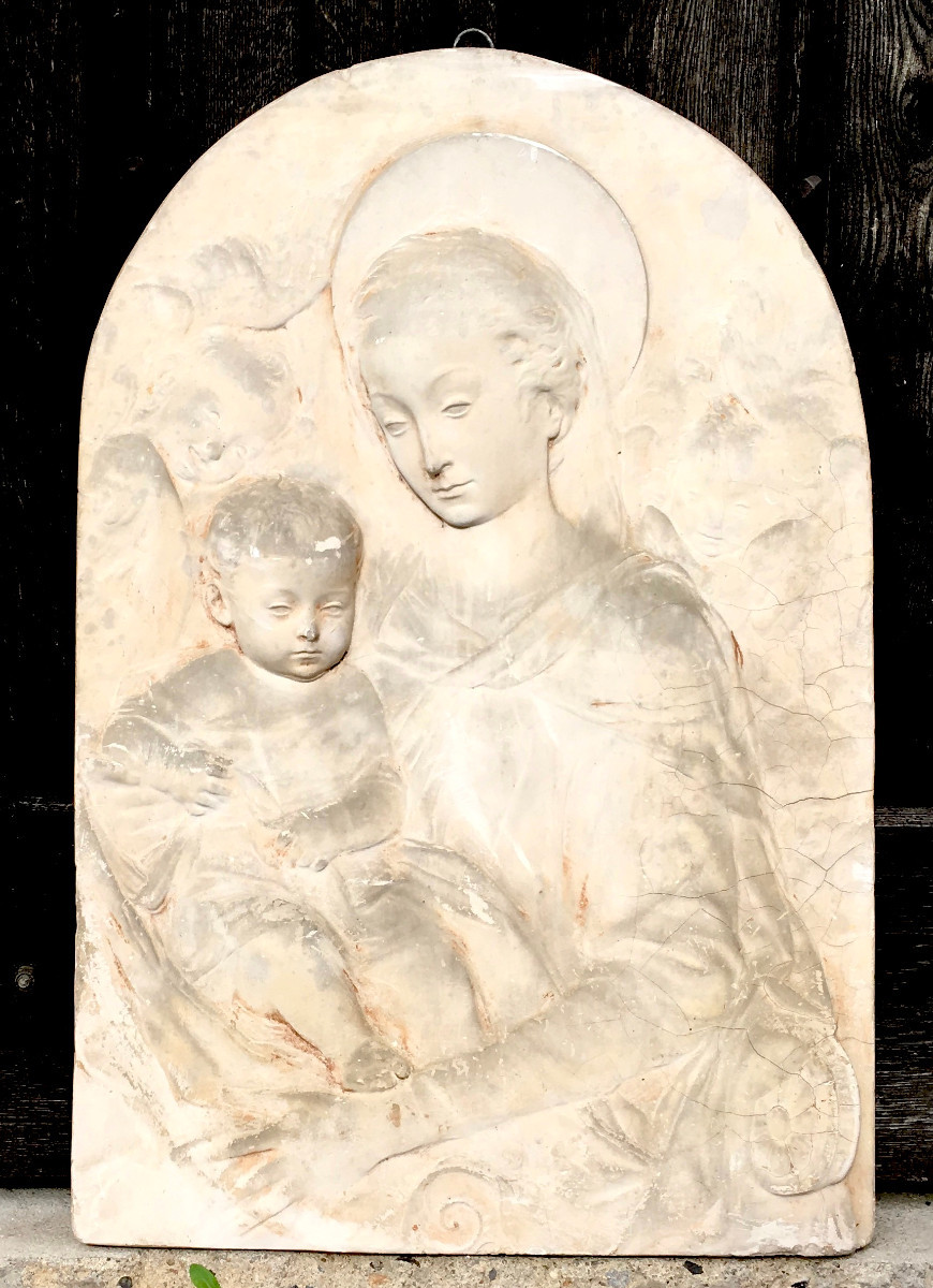 Stucco Bas Relief, Virgin And Child In The Italian Style Of Andrea Della Robbia. Late 19th Century -photo-4